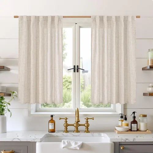 Vista 126 de BGment Cortinas cortas de lino marfil de 36 pulgadas de largo para ventanas de cocina, pequeñas cortinas texturizadas rústicas para café sobre