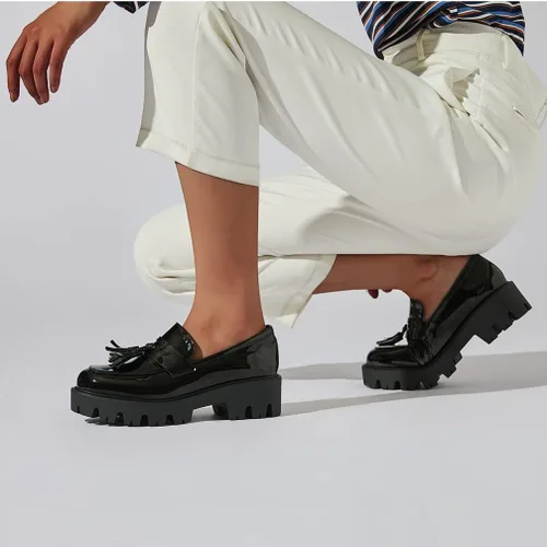 Vista 2 de Mocasines de tacón grueso con borla y plataforma para mujer, zapatos de vestir uniformes
