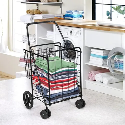 Vista 8 de Carrito de compras plegable, carrito utilitario resistente con ruedas giratorias y cesta doble, carrito de comestibles para comestibles, lavandería
