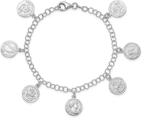 Vista 4 de Pulsera de plata de ley maciza rodiada con dije de moneda romana 75 pulgadas fabricada en Italia Plata de ley no conocido
