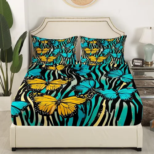 Vista 3 de Erosebridal Sábana bajera ajustable de mariposa azul, tamaño individual, sábanas estéticas de mariposas voladoras para niños, juegos de ropa de cama