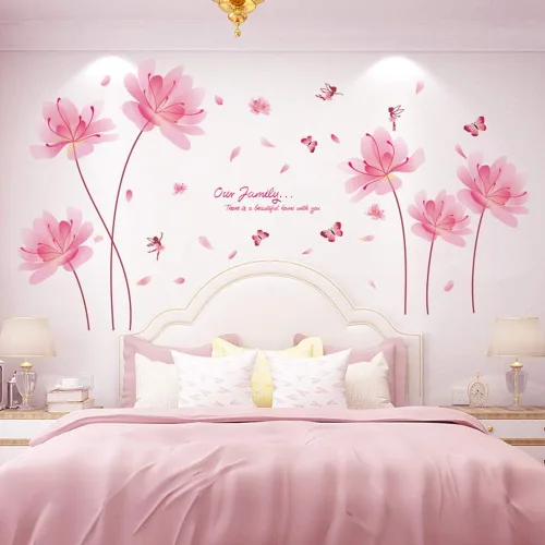Vista 4 de Calcomanías de pared de flores y mariposas para adultos, calcomanías de pared de flores rosas para decoración de dormitorio de niñas, decoración