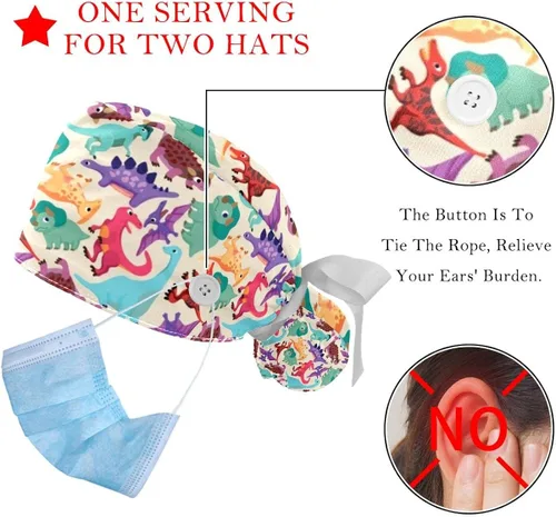 Vista 2 de DEYYA 2 gorras Bouffant con bolsa de cola de caballo de algodón, gorro de trabajo ajustable, gorra quirúrgica de dinosaurio, camuflaje verde