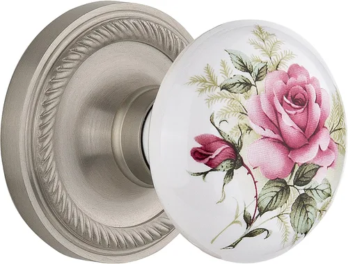 Vista 6 de Nostalgic Warehouse 711306, Mortaja de 2.25 pulgadas, roseta de cuerda de latón antiguo con perilla de porcelana rosa blanca