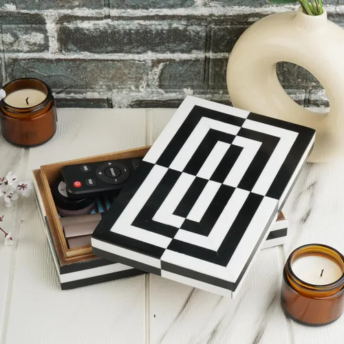 Vista 2 de Caja de almacenamiento de joyas con ilusión 3D en blanco y negro, organizador geométrico decorativo para aretes, collares y recuerdos, caja