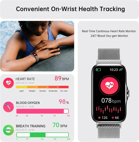 Vista 2 de Sunorshop - Reloj inteligente de salud y fitness, reloj inteligente con monitor de frecuencia cardíaca y oxígeno en sangre 24/7, monitor de sueño