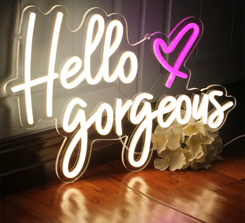 Vista 9 de Letreros de neón con texto en inglés «Hello Beautiful» con texto «Hello Beautiful», luz LED rosa para dormitorio, boda, cumpleaños, telón de fondo