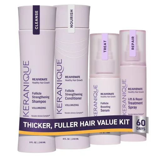 Vista 9 de Keranique Set de productos para el cabello adelgazante – Champú voluminizador, acondicionador, suero de refuerzo de folículos, spray para impulso