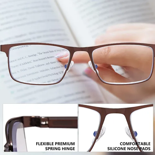 Vista 3 de 3 pares de anteojos de lectura, elegante marco de metal, anteojos ligeros con filtro - Gafas para hombre antirreflejos - Bisagra de resorte