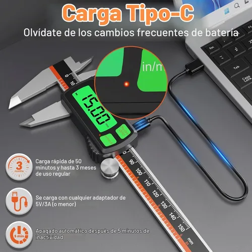 Vista 2 de Calibre digital, calibre Vernier recargable de acero inoxidable tipo C, conversión de F/MM/in, LCD grande, pinza de medición digital de carga USB
