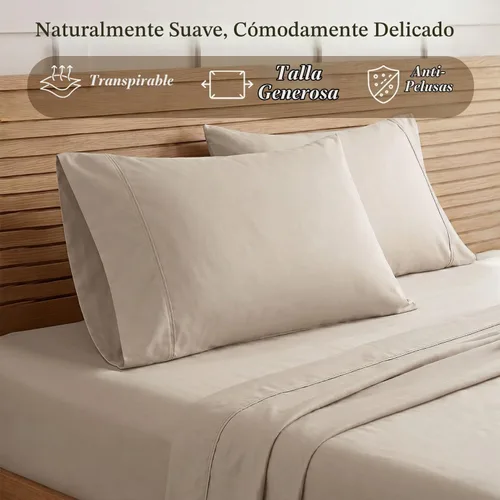 Vista 3 de Threadmill - Fundas de almohada de algodón de 300 hilos, satén, beige, 2 piezas Beige sólido