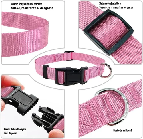 Vista 3 de Collar de perro rosa básico ajustable para cachorros, perros pequeños, medianos y grandes, con collar de nailon transpirable de liberación rápida