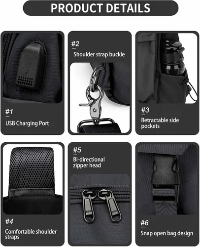 Vista 9 de Black Sling Bag for Men Women, Mini Anti Theft One Strap Motorcycle Sling Backpack, Small Sling Chest Bag Daypack Crossbody Backpack for Casual