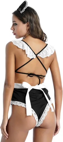 Vista 5 de iiniim Womens Lace Up Criss Cross Lingerie Teddies French Maid Fantasy Cosplay Costume