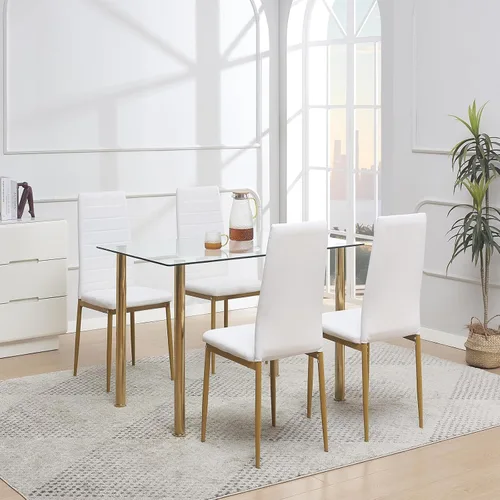 Vista 2 de Juego de comedor de cristal de 5 piezas dorado para 4, mesa de cocina rectangular con 4 sillas de piel sintética, juego de mesa de comedor compacto