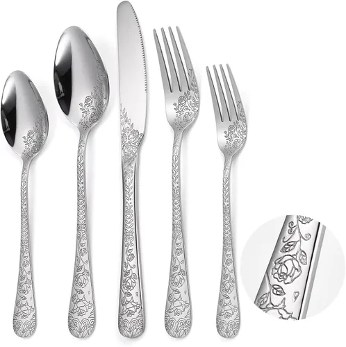 Vista 18 de Juego de Cubiertos Florales Negros para 6 Vajilla de Acero Inoxidable 30 Piezas Cubiertos Únicos Utensilios para Comer Vajilla Elegante Tenedor
