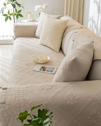 Vista 6 de Funda de sofá acolchada de algodón con bordado rústico para sofá de granja, funda seccional para sofá suave, antideslizante, protector de muebles