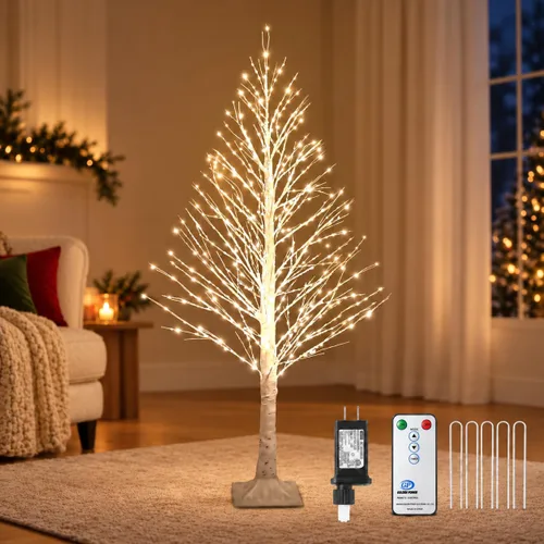 Vista 17 de Árbol de abedul iluminado de 7 pies, 1000 luces LED multicolor con luces parpadeantes, modos parpadeantes o constantes, alambre de alta densidad