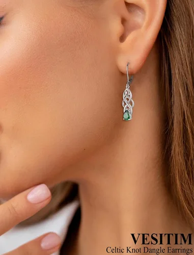 Vista 2 de Celtic Knot Dangle Earrings for Women 925 Sterling Silver Twisted Drop Earring Teardrop Birthstone Jewelry