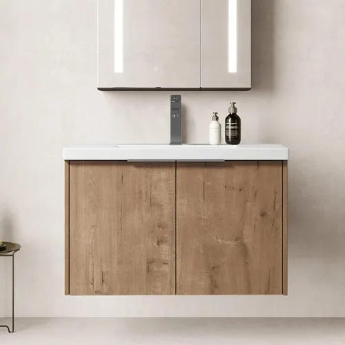 Vista 17 de SSLine Juego de tocador de baño montado en la pared con lavabo moderno de 24 pulgadas con lavabo superior y armario de almacenamiento, armario