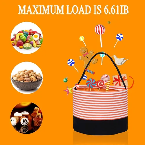 Vista 6 de Cesta de dulces de Halloween, bolsas de dulce o truco, cubos de dulces de Halloween, bolsas de regalo de tela, fiestas de Halloween (rayas naranjas)