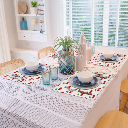Vista 8 de Juego de 4 manteles individuales con patrón de cereza, lavables, impermeables, para decoración de mesa de comedor, 18 x 12 pulgadas