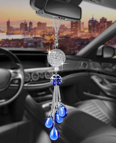 Vista 14 de Glamorosa decoración colgante de espejo de coche con cabeza de zorro azul oscuro, adorno de automóvil con temática animal para mujeres y hombres