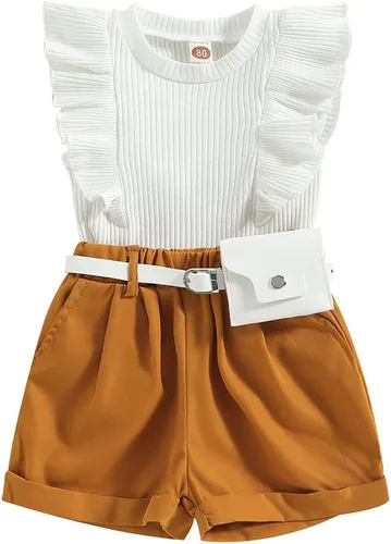 Vista 21 de TheFound Trajes de verano para niñas pequeñas, sin mangas, de punto acanalado, halter, pantalones cortos, ropa para recién nacidos, conjunto de 3