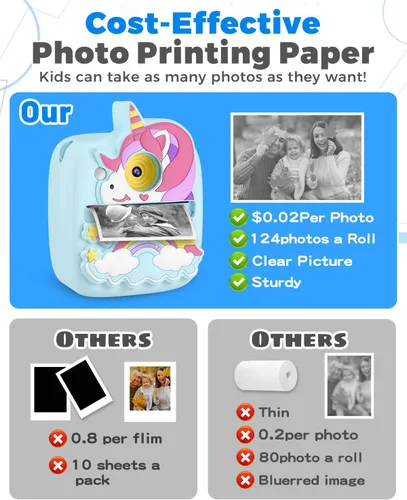 Vista 7 de Cámara de impresión instantánea para niños de 3 a 12 años, cámara para niños con tarjeta SD de 32 G y papel de 300 fotos, foto de 48 MP, video