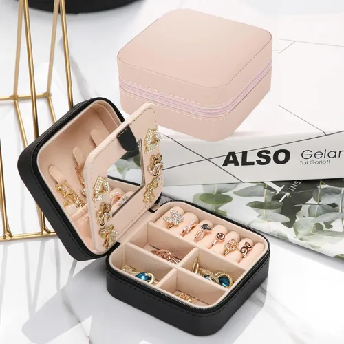 Vista 5 de XZUZ Joyero de viaje pequeño con espejo, organizador de joyas portátil, caja de almacenamiento para aretes, anillos, collares, joyería ase