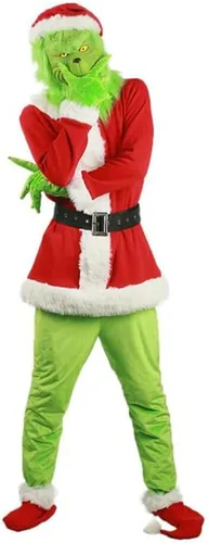 Vista 3 de Tempura Navidad Santa Claus Cosplay trajes rojo Santa cremallera abrigo+pantalones+sombrero+cinturón+barba+zapatos