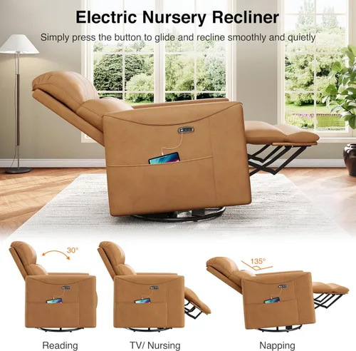 Vista 4 de Welzona Mecedora giratoria eléctrica, mecedora giratoria de 360°, mecedora de cuero sintético, silla eléctrica de posición infinita para adultos