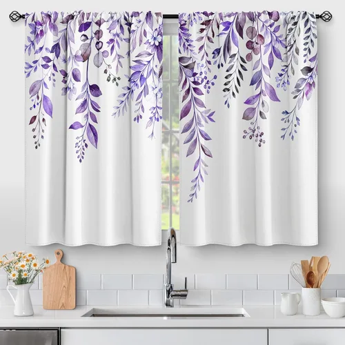 Vista 21 de Aimego Cortinas de Cocina de Eucalipto Primaveral - Hojas de Plantas de Acuarela Floral Azul con Cortinas de Nivel Botánico Floral para Cafetería