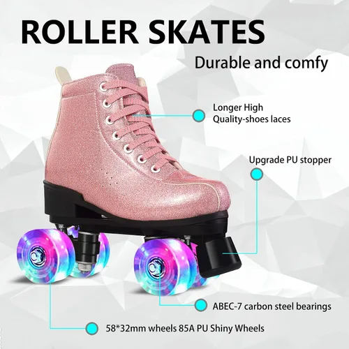 Vista 4 de Perzcare Zapatos de patinaje para mujeres y hombres, clásicos de piel sintética de cristal, patines de doble fila para principiantes, patines