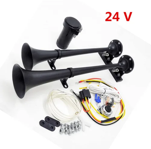 Vista 2 de Bocina de aire para coche, 160db, 24 V, cromado, negro, zinc, doble tubo, trompeta, bocina eléctrica, bocina de alarma, bocina de alarma