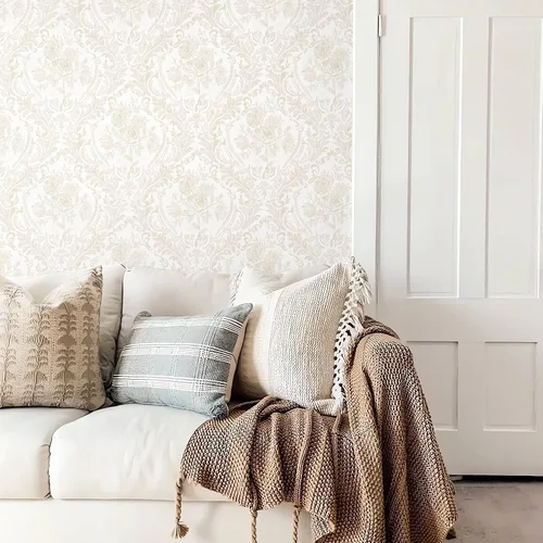 Vista 2 de Ismoon Papel Tapiz Floral Despegable y Adhesivo Papel de Contacto Vintage Beige Boho Acuarela Damasco Papel de Pared Texturizado Removible