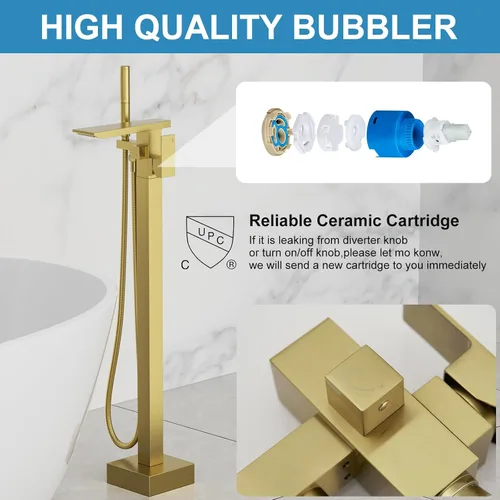 Vista 2 de RUMOSE Llenador de bañera de oro cepillado, relleno de bañera independiente para montaje en el suelo, grifo de bañera de cascada con certificado
