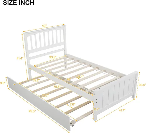 Vista 2 de Base de cama individual con nido, cama de plataforma individual con nido extraíble, marco de cama de plataforma doble de madera con cabecera