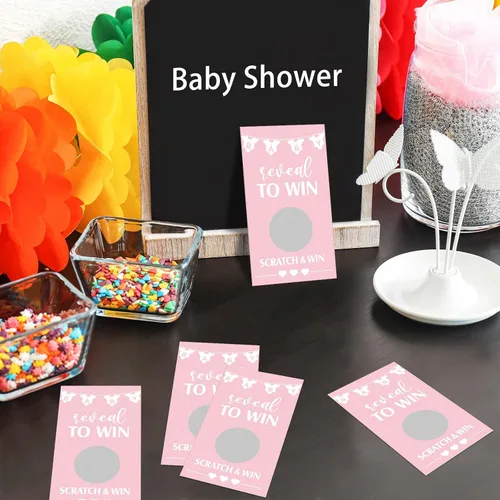 Vista 5 de Jexine Juego de 60 tarjetas para raspar para baby shower, color rosa, divertidas tarjetas para rascar, para fiestas de baby shower