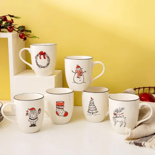 Vista 6 de LEHAHA Juego de 6 tazas de café navideñas – 473 ml Tazas de cerámica con tema festivo perfectas para café con leche, té o leche, walter, bebida