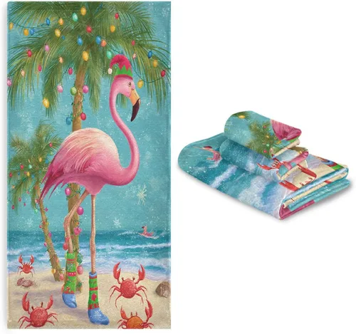 Vista 7 de Pfrewn Juego de 3 toallas de baño de Navidad con flamenco tropical, palmera y cangrejo, toallas de baño, suaves y absorbentes, toallas de mano