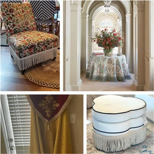 Vista 5 de Borde de flecos dorados con flecos para costura, manualidades, pantalla de lámpara, almohada, cortina, disfraz, vestido de baile latino y decoración