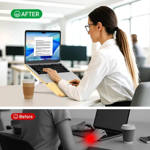 Vista 5 de AFOOYO Soporte ajustable de bambú para laptop, elevador de computadora portátil, soporte ergonómico para portátil con reposamuñecas, compatible