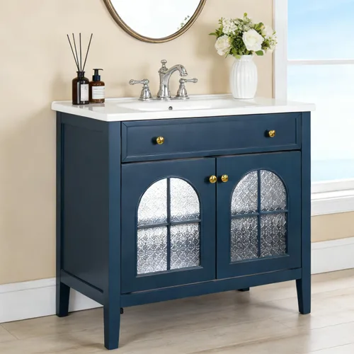 Vista 34 de Henf 28 Inch Bathroom Vanity with Ceramic Integrated Sink, Blue Bathroom Storage Cabinet with 2 Soft Close Doors,1 Tilt-Out Drawer,Reinforced Corner