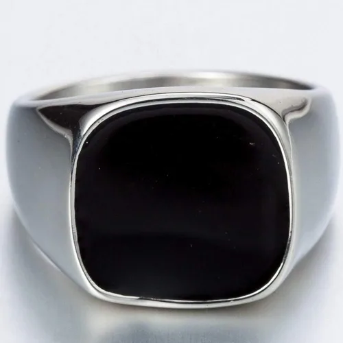 Vista 2 de Anillo Pinky de acero inoxidable con sello de esmalte negro liso, clásico, talla 4-16