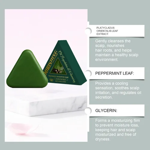 Vista 3 de Barra de champú triangular con extracto de hoja de Platycladus Orientalis, hoja de menta y glicerina, nutrición de raíces del cabello y limpieza