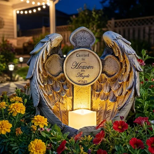 Vista 5 de Estatua conmemorativa de alas de ángel de 12 pulgadas con cruz y vela LED, regalo de condolencia por duelo, decoración de figura de jardín