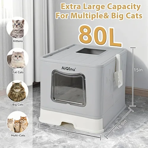 Vista 2 de AiQinu Caja de arena plegable extragrande para gatos de 80 litros con tapa