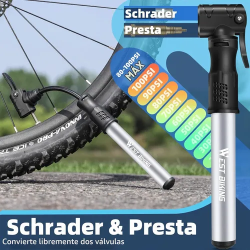 Vista 2 de Bomba de bicicleta Mini bomba de bicicleta – Bomba de ciclo de aleación de aluminio para válvula Presta y Schrader, bomba de neumáticos de bicicleta