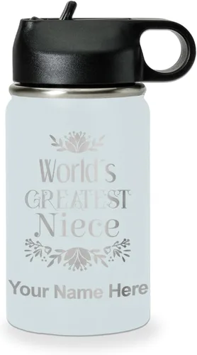 Vista 20 de LaserGram Botella de agua con tapa abatible de doble pared de 12 onzas con pajilla, sobrina más grande del mundo, grabado personalizado incluido